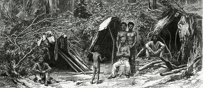 Campement et groupe d'Aborigenes en Australie (detail d'une gravure du XIXe siecle). La liberte  premiere de pouvoir quitter son lieu de vie tout en sachant que l'on trouvera le gite et le couvert ou que l'on aille est au centre de l'organisation sociale des Aborigenes.
