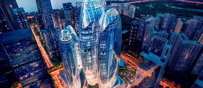  Representation du futur siege social de la compagnie OPPO, premier fabricant de smartphones en Chine. Ce << batiment-fusee >> sera realise par Zaha Hadid Architects dans la ville de Shenzhen.   