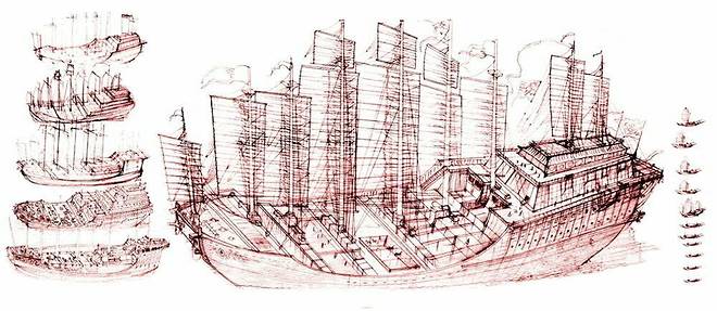  Œuvre d’art montrant les navires utilisés par la flotte chinoise au XV e  siècle.  ©Science Photo Library / akg-imag
