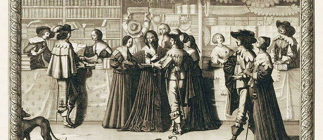 Achat de livres et autres, Galerie du Palais, eau-forte d'Abraham Bosse, vers 1639,  (Histoire du livre imprime)
