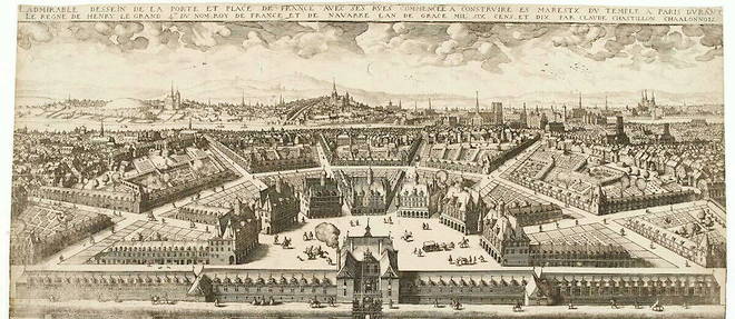 La place de France, un projet  du roi Henry IV qui devait etre localise dans les vergers et jardins du Temple.


