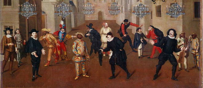 Moliere (premier a gauche) dans le costume d'Arnolphe, le vieux barbon de L'Ecole des femmes, et les grandes figures de la commedia dell'arte francaise et italienne du XVIIe siecle. Tableau attribue a Antonio Verrio, vers 1670.
