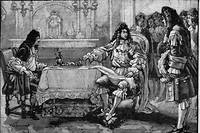 "Louis XIV faisant souper Moliere : sous le regard de ses courtisans", gravire publiee dans "La cuisine des familles" de 1905-1908.
