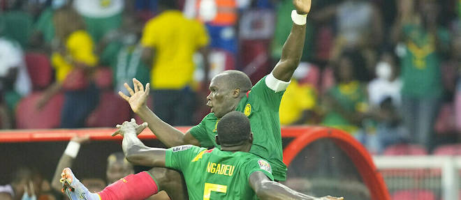 Vincent Aboubakar du Cameroun celebre son troisieme but contre l'Ethiopie, au stade Olembe le 13 janvier 2022.
