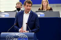 Yannick Jadot en session pleniere au Parlement europeen, le 19 janvier 2022, a Strasbourg.
