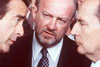 Le PDG de Matra Jean-Luc Lagardere et le president Francois Mitterrand, en 1983. Au milieu, l&#039;ancien ministre de la Defense Charles Hernu.
