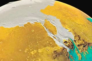 Vue d’artiste de la vallée glaciaire de Kasei Valles, il y a 3 milliards d’années, sur Mars.

