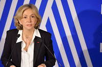 Valerie Pecresse durant un discours devant le syndicat policier Alliance le 2 fevrier 2022.
