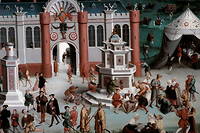 « Entrevue de Francois I er  et d'Henri VIII au camp du Drap d'or le 7 juin 1520 » Détail représentant des personnages s'abreuvant autour de la fontaine. Peinture de Friedrich Bouterwerk (Bouterwek) (1806-1867). 1845.
