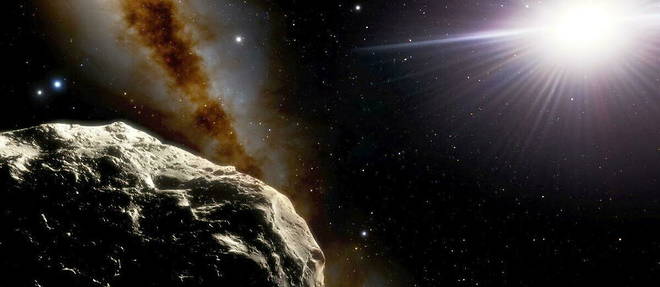 Représentation artistique de l'astéroïde troyen terrestre transitoire 2020 XL 5, situé au point de Lagrange 4 du système Terre-Soleil et qui mesurerait environ un kilomètre de diamètre. 
