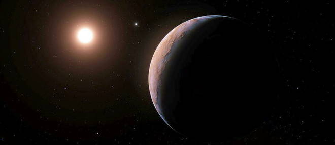 Representation artistique de la candidate exoplanete Proxima d en orbite autour de la naine rouge Proxima du Centaure, l'etoile la plus proche de notre Soleil. 
