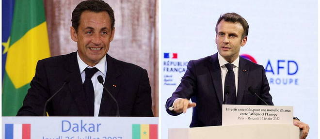 Nicolas Sarkozy lors du discours de Dakar, en juillet 2007 ; Emmanuel Macron en fevrier 2022.
