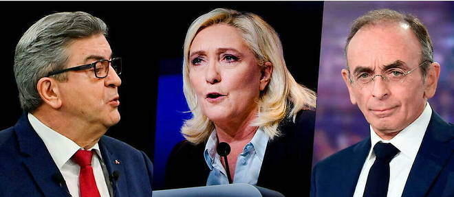 "Recherche parrainages desesperement" : les candidats a la presidentielle Jean-Luc Melenchon, Marine Le Pen et Eric Zemmour.
