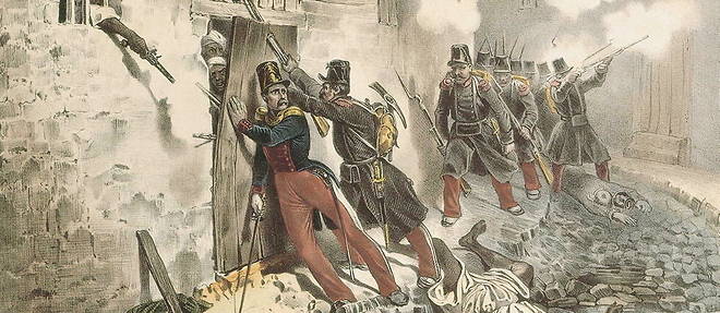 La Conquete de l'Algerie par les Francais. Bataille dans les rues de Constantine, 13 octobre 1837, lithographie. Le siege de la deuxieme ville d'Algerie s'acheve au bout de  trois jours sur une victoire francaise decisive.
