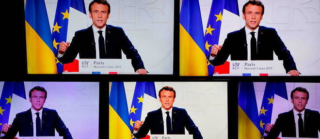 Emmanuel Macron lors de son allocution a l'Elysee du 2 mars sur l'Ukraine.
