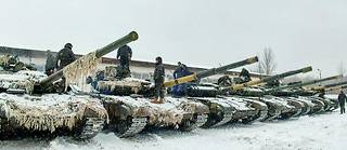 Une unité de chars des Forces armées ukrainiennes à l'exercice, près de Kharkiv, le 31 janvier 2022.
