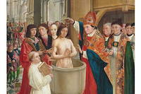 Baptême de Clovis à Reims, entre 496 et 508. Peinture sur bois du Maître de Saint Gilles, vers 1500.
