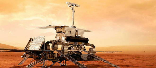 Representation artistique du rover << Rosalind-Franklin >> et de la plateforme << Kazachok >> de la mission ExoMars poses sur la planete rouge. 

