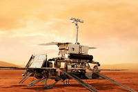 Representation artistique du rover << Rosalind-Franklin >> et de la plateforme << Kazachok >> de la mission ExoMars poses sur la planete rouge.
