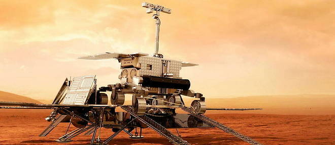 Representation artistique du rover Rosalind-Franklin et de la plateforme Kazachok de la mission ExoMars poses ensemble sur la planete rouge, ce qui n'arrivera probablement jamais. 
