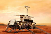 Représentation artistique du rover Rosalind-Franklin et de la plateforme Kazachok de la mission ExoMars posés ensemble sur la planète rouge, ce qui n'arrivera probablement jamais. 

