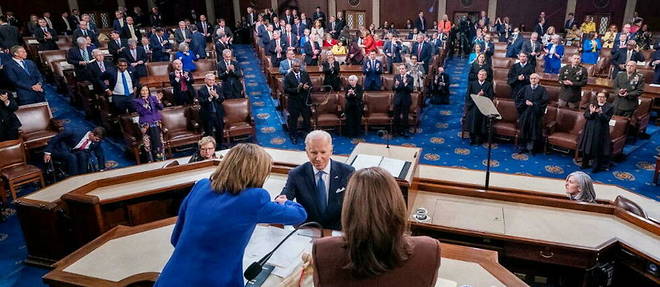 Le president americain Joe Biden devant le Congres, lors de son discours sur l'etat de l'Union, le 1er mars 2022.
