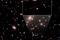 Gros plan de la région du ciel où la gravité d'un amas de galaxies, au premier plan, grossit l'étoile la plus lointaine jamais détectée - surnommée Earendel - des milliers de fois. 
