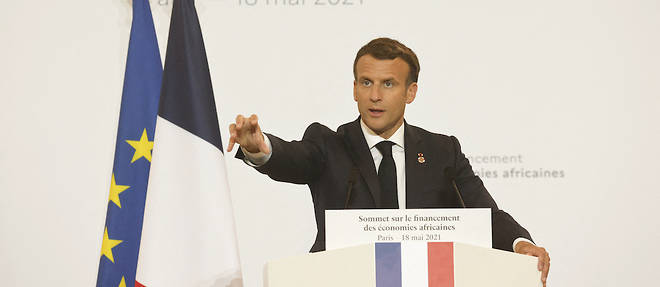 Emmanuel Macron s'exprime lors du sommet sur le financement des economies africaines qui s'est tenu a Paris le 18 mai 2021.
