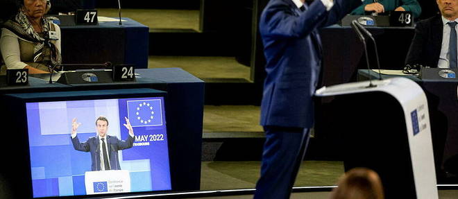 Emmanuel Macron au lancement de la Conference sur l'avenir de l'Europe (CoFoe) a Strasbourg, le 9 mai.

