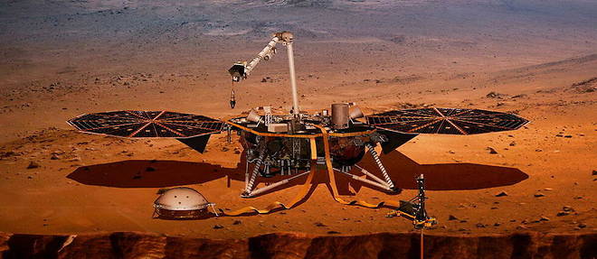 Vue d'artiste de l'atterrisseur InSight de la Nasa pose a la surface de la planete Mars pour etudier sa structure interne. 
