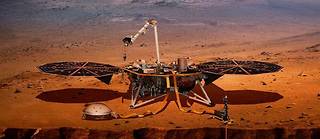 Vue d'artiste de l'atterrisseur InSight de la Nasa pose a la surface de la planete Mars pour etudier sa structure interne.
