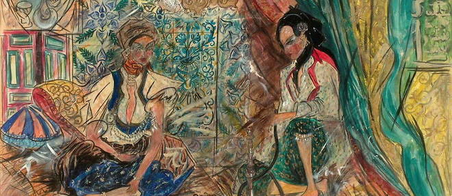 Souhila Belbahar, "Femmes d'Alger" d'apres Delacroix, en 1962. Technique mixte sur papier, 54 x 88 cm. Donation Claude et France Lemand.
