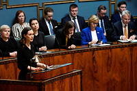 La Premiere ministre finlandaise, Sanna Marin, lors d'une prise de parole devant le Parlement.
