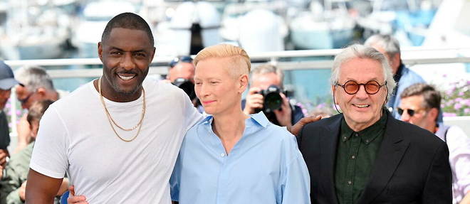 A Cannes, Idris Elba, Tidla Swinton et George Miller pour << Trois mille ans a t'attendre >>.
