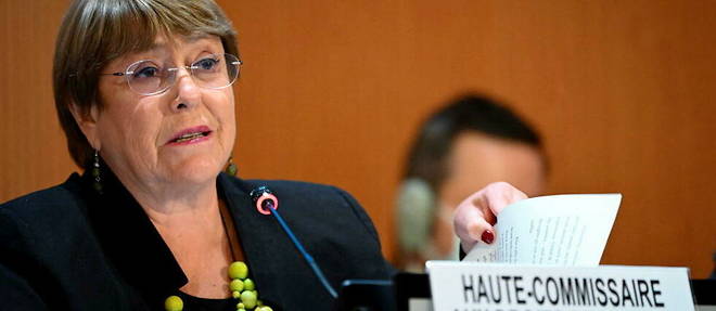 Michelle Bachelet lors d'un discours a l'ouverture d'une session du Conseil des droits de l'homme des Nations unies a Geneve, le 28 fevrier 2022. 
