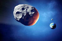 Représentation artistique d'un astéroïde s'approchant de la Terre. 
