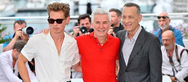 L'equipe du film << Elvis >> : de gauche a droite, Austin Butler, Baz Luhrmann et Tom Hanks lors du photocall a Cannes.
