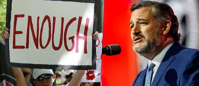 Quatre jours apres la tuerie d'Uvalde, la NRA tenait une convention annuelle au George R. Brown Convention Center a Houston, au Texas. Une manifestation d'opposants s'est organisee aux abords de l'evenement. A droite du photomontage : le senateur republicain Ted Cruz.
