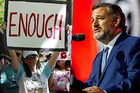 Quatre jours après la tuerie d’Uvalde, la NRA tenait une convention annuelle au George R. Brown Convention Center à Houston, au Texas. Une manifestation d'opposants s'est organisée aux abords de l'événement. À droite du photomontage : le sénateur républicain Ted Cruz.
