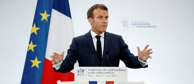 Le president francais Emmanuel Macron lors de la conference des ambassadeurs et des ambassadrices, a l'Elysee, le 27 aout 2019.
