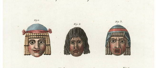 Greek theater masks, colored copper engraving by Friedrich Johann Bertuch, 1802.