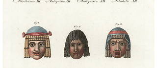 Masques de théâtre grec, gravure sur cuivre colorée de Friedrich Johann Bertuch, 1802.
