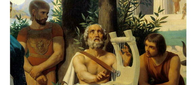 Homere (VIIIe siecle av. J.-C.), d'Auguste Leloir, huile sur toile (detail), 1841. Entoure de son auditoire, le poete est represente avec une lyre, l'attribut caracteristique des aedes (poetes chanteurs).
