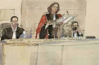 Croquis d'audience représentant les avocats généraux Nicolas Le Bris, Camille Hennetier et Nicolas Braconnay au procès des attentats du 13 novembre 2015. 
