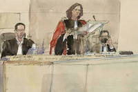 Croquis d'audience représentant les trois avocats généraux, Nicolas Le Bris, Camille Hennetier et Nicolas Braconnay, lors de leurs réquisitions au procès des attentats du 13 novembre 2015.  
