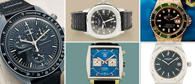 De gauche a droite et de haut en bas des montres signees: Omega x Swatch; Patek Philippe; Rolex; TAG Heuer; Audemars-Piguet. 
