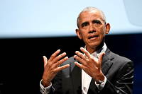 L'ancien président américain Barack Obama, ici lors du sommet de Copenhague sur la démocratie au Royal Danish Playhouse (Skuespilhuset), le 10 juin. 2022. 
 
