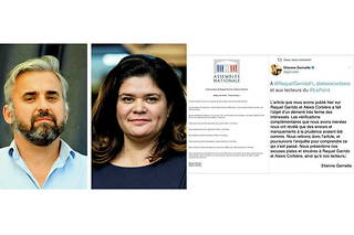  Les députés LFI Raquel Garrido et Alexis Corbière, le démenti des deux élus à l’article du « Point », le 22 juin, et le tweet d’Étienne Gernelle, directeur du « Point », accompagnant le retrait de l’article.
