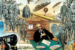  Le « gobe-monde » Jules Verne et ses œuvres (illustration de 1889).   ©© Leonard de Selva
