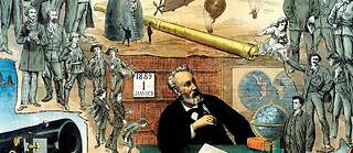  Le « gobe-monde » Jules Verne et ses œuvres (illustration de 1889).   ©© Leonard de Selva